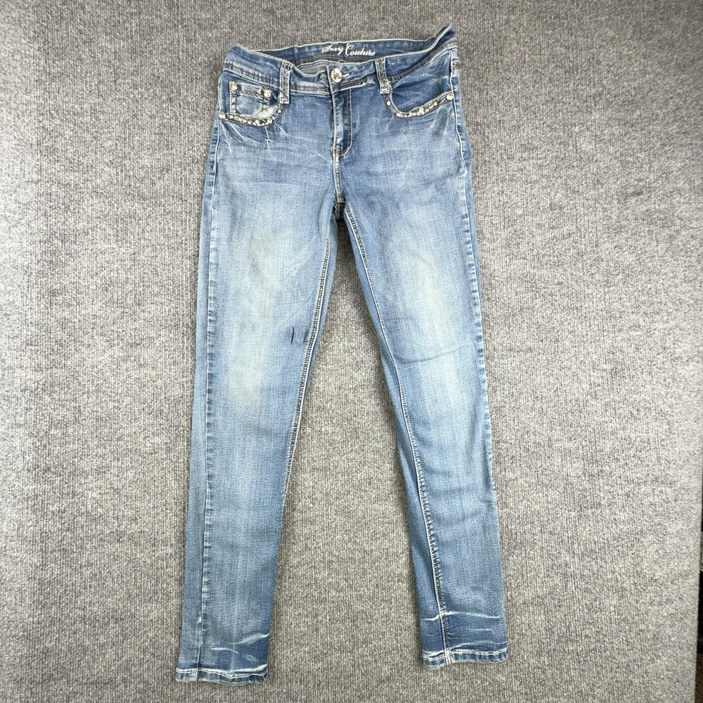 Y2K Sexy Couture Jeans Womens13 Light Wash Blue Mid Rise Skinny Rhinestone Denim